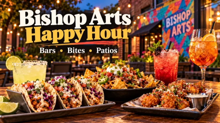 Bishop Arts happy hour featured image with cocktails, tacos, wings and an evening patio scene