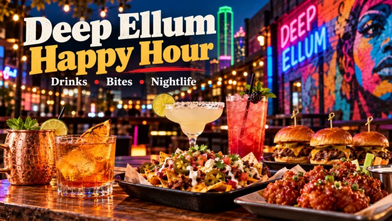 Deep Ellum happy hour featured image with cocktails, bar bites, nightlife and colorful Dallas street art