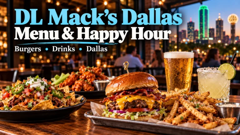 DL Mack's Dallas menu and happy hour featured image with burger, fries, nachos, beer and cocktails