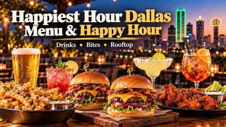 Happiest Hour Dallas menu and happy hour featured image with burgers, wings, cocktails, beer and the Dallas skyline