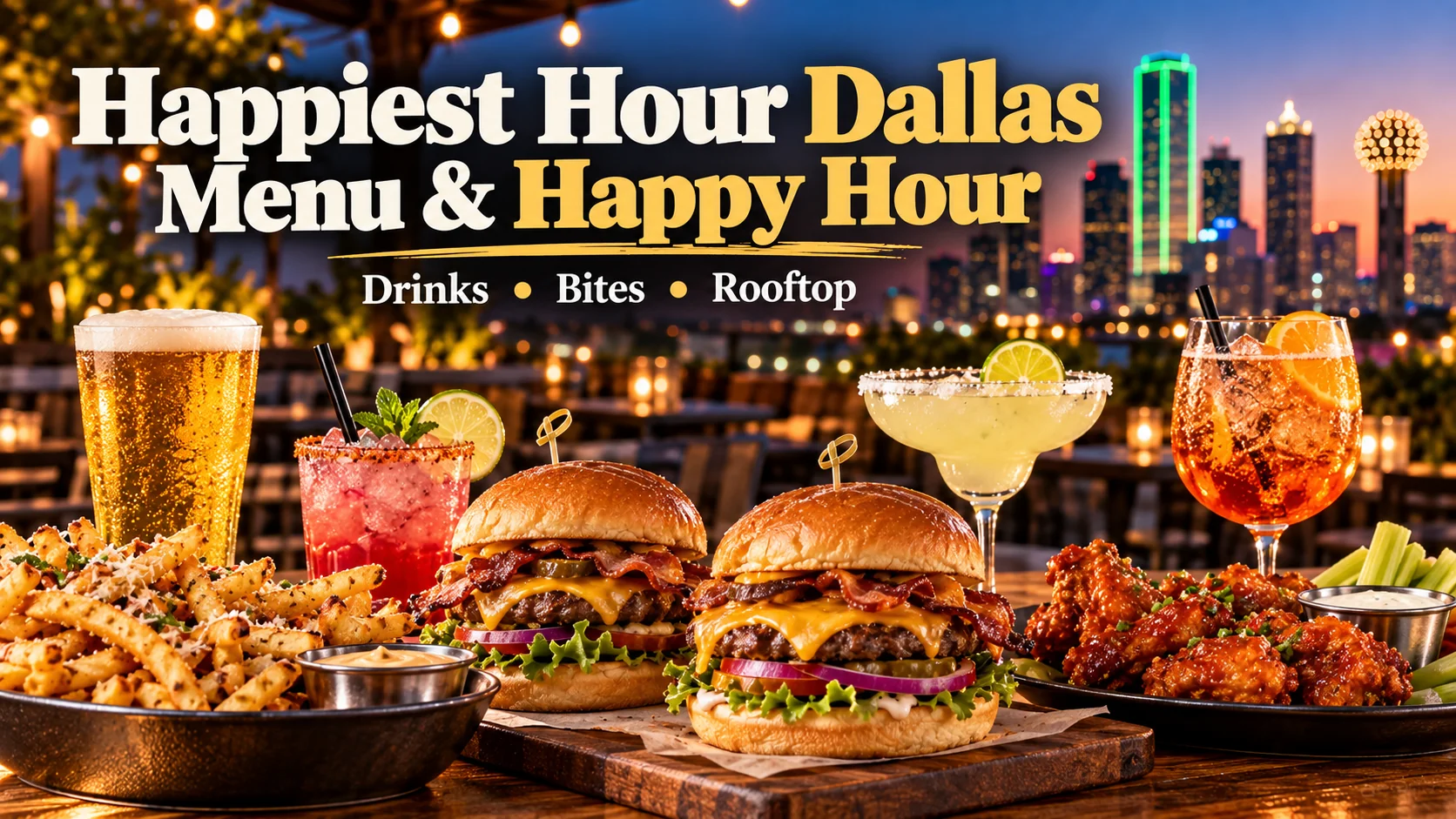Happiest Hour Dallas menu and happy hour featured image with burgers, wings, cocktails, beer and the Dallas skyline