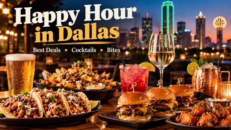 Happy Hour in Dallas featured image with cocktails, wine, beer, bites and the Dallas skyline at sunset