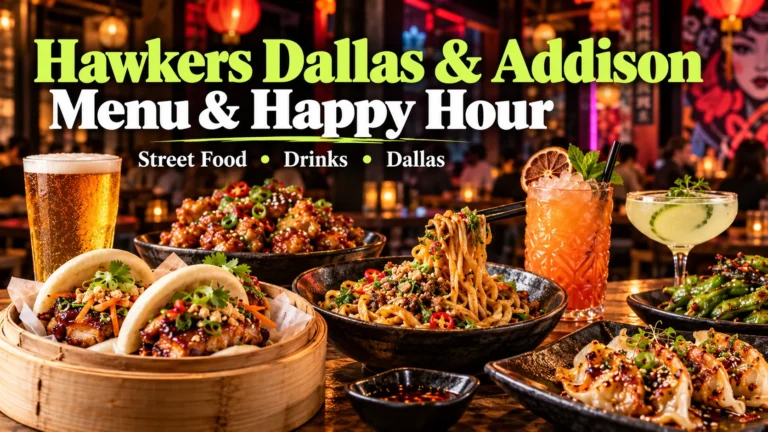 Hawkers Dallas and Addison menu and happy hour featured image with Asian street food, bao, noodles, dumplings and drinks