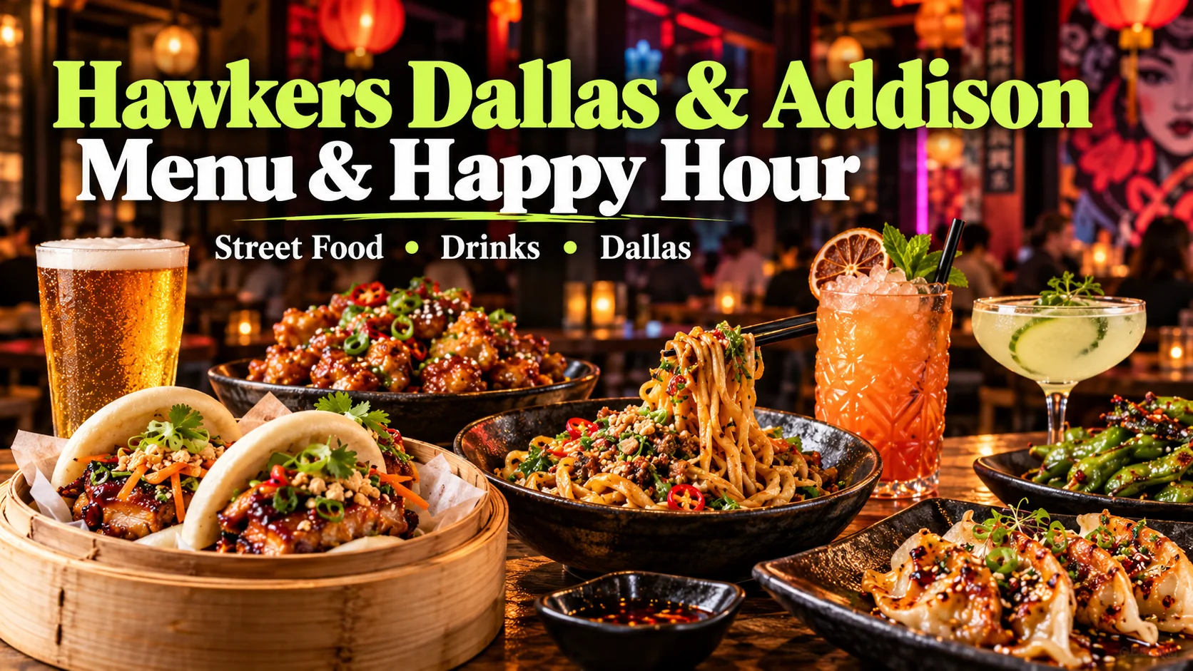 Hawkers Dallas and Addison menu and happy hour featured image with Asian street food, bao, noodles, dumplings and drinks
