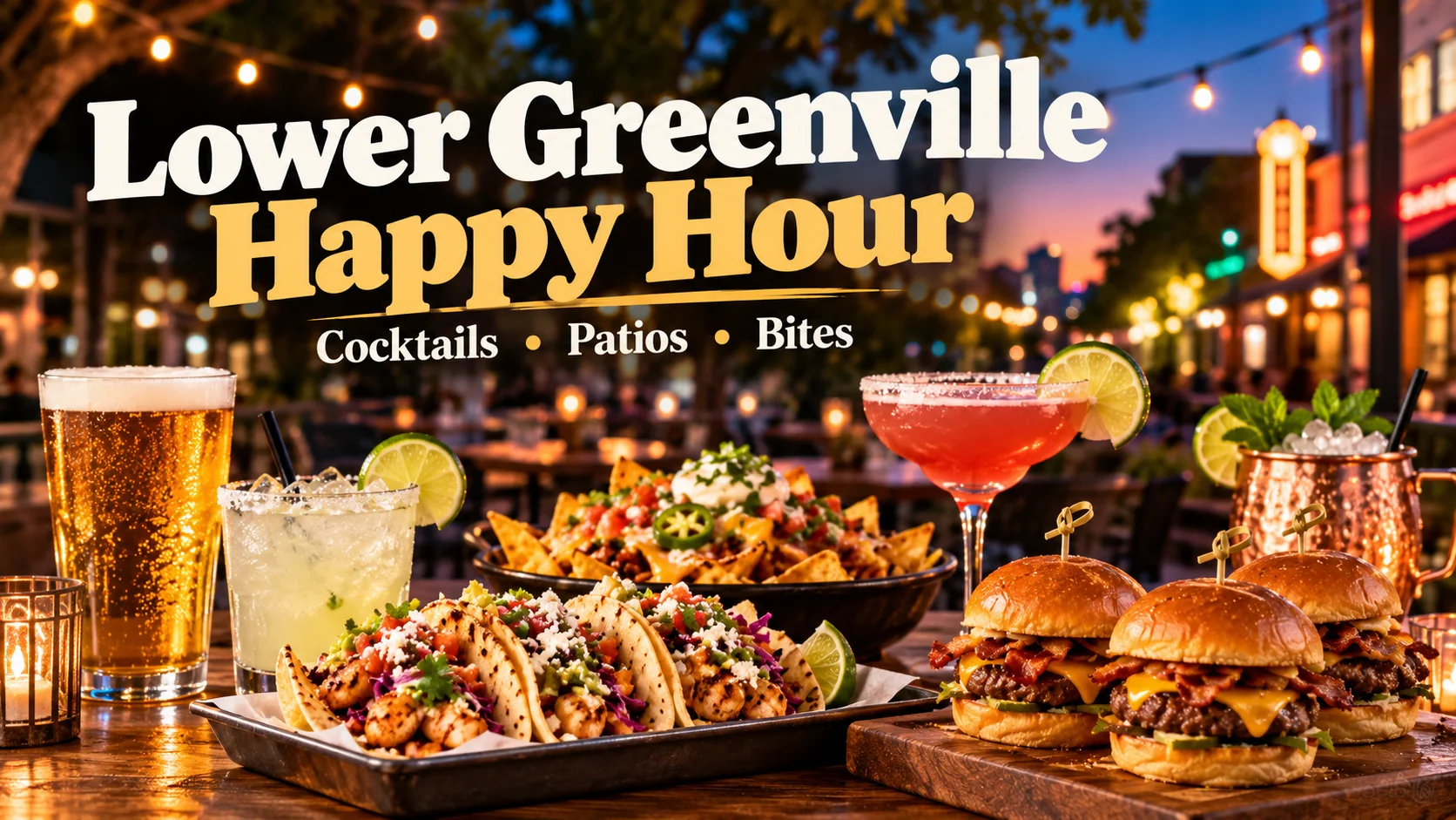 Lower Greenville happy hour featured image with cocktails, beer, tacos, sliders and an evening patio scene