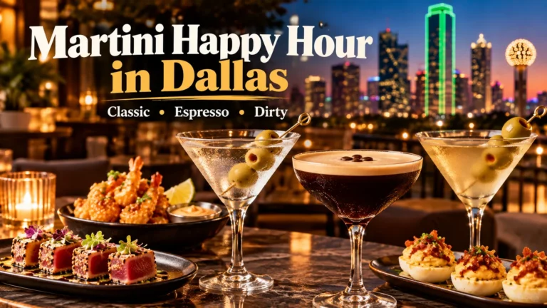 Martini happy hour in Dallas featured image with classic and espresso martinis, small bites and the Dallas skyline