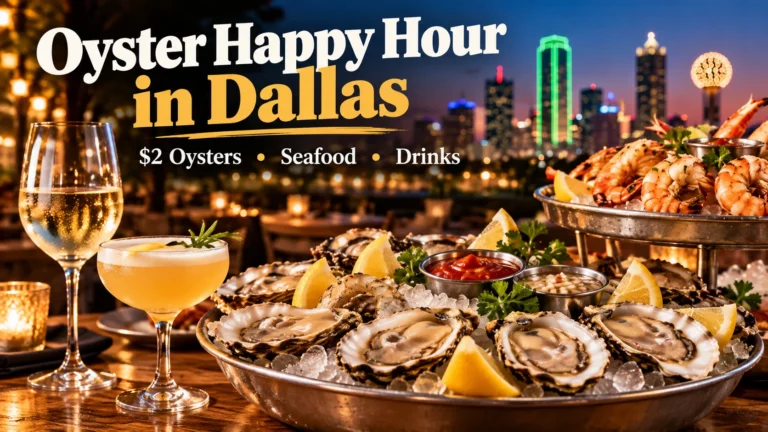 Oyster Happy Hour in Dallas featured image with fresh oysters, cocktails, wine and the Dallas skyline