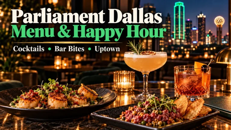 Parliament Dallas menu and happy hour featured image with cocktails, bar bites and the Dallas skyline at night
