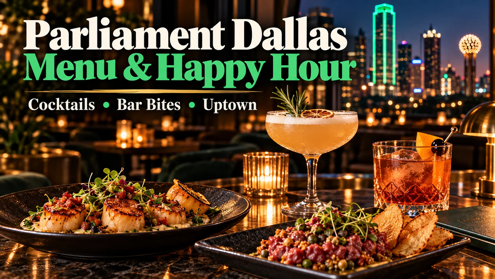 Parliament Dallas menu and happy hour featured image with cocktails, bar bites and the Dallas skyline at night