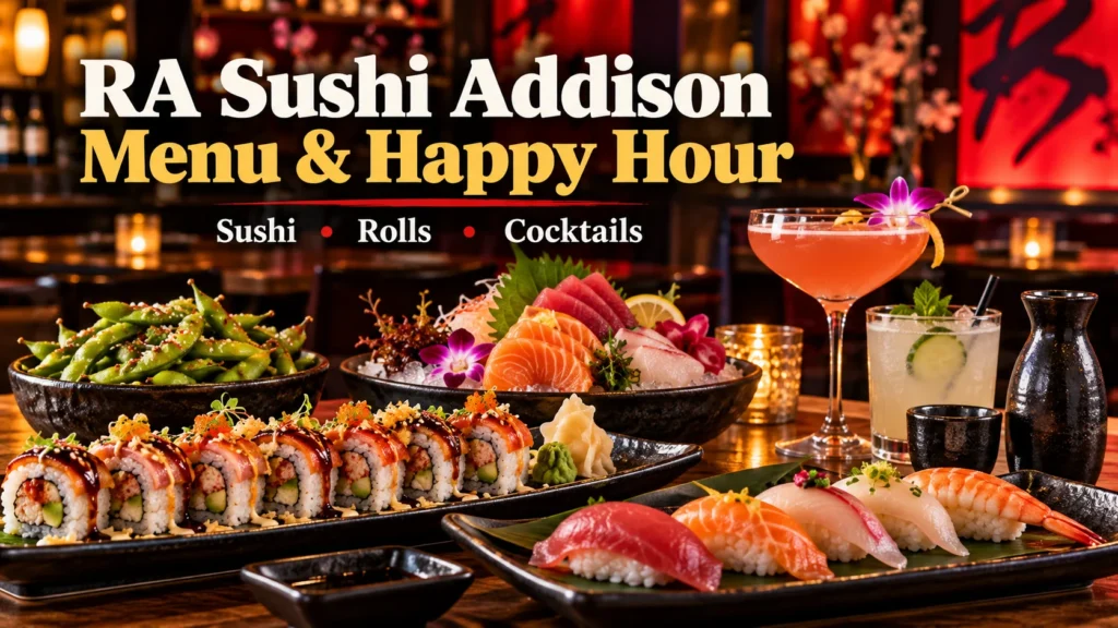RA Sushi Addison menu and happy hour featured image with sushi, sashimi, rolls and cocktails