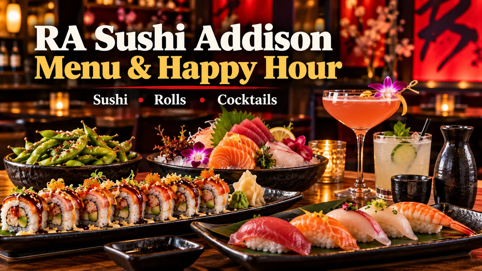 RA Sushi Addison menu and happy hour featured image with sushi, sashimi, rolls and cocktails