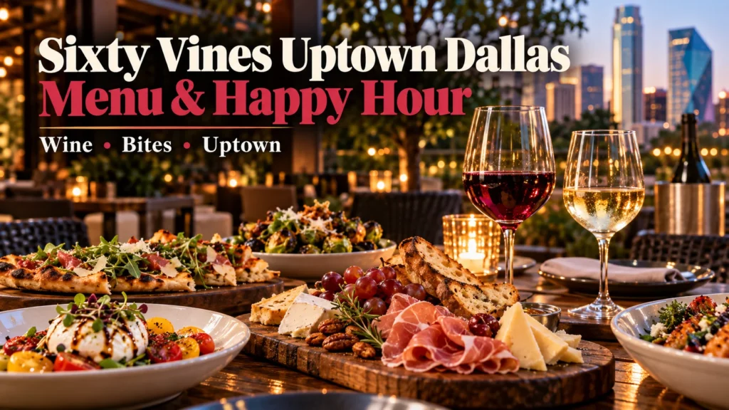 Sixty Vines Uptown Dallas menu and happy hour featured image with wine, shared plates and the Dallas skyline at sunset