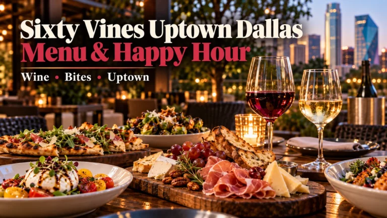 Sixty Vines Uptown Dallas menu and happy hour featured image with wine, shared plates and the Dallas skyline at sunset