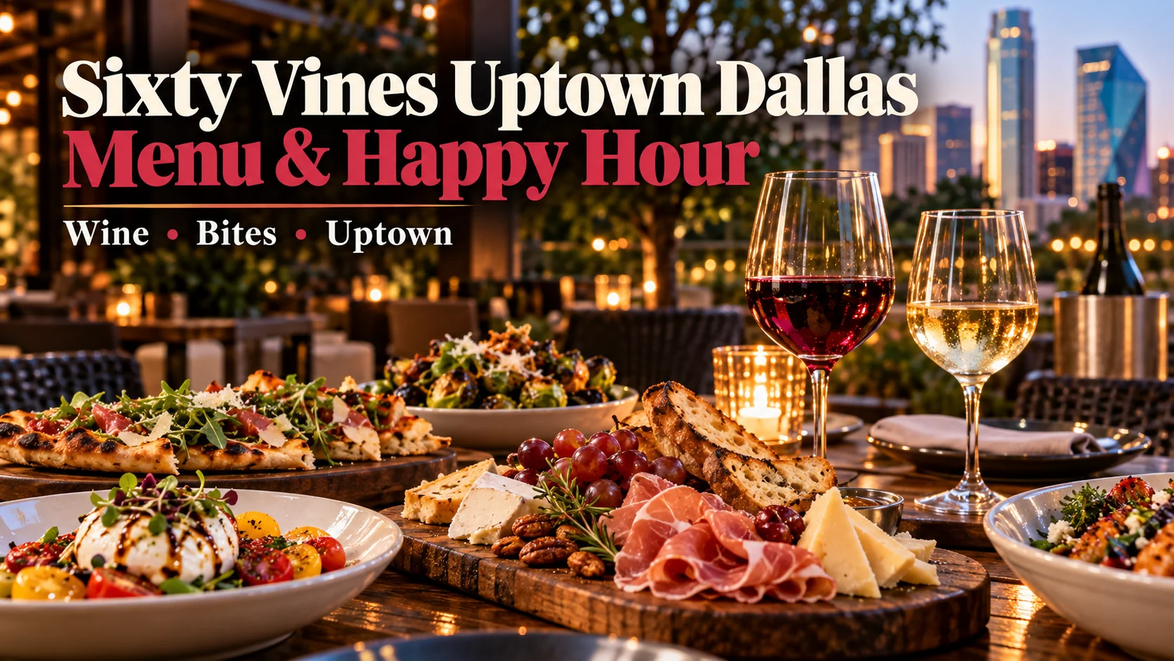 Sixty Vines Uptown Dallas menu and happy hour featured image with wine, shared plates and the Dallas skyline at sunset