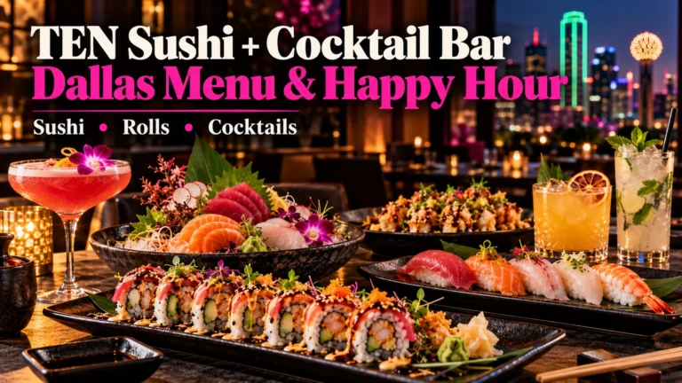 TEN Sushi and Cocktail Bar Dallas menu and happy hour featured image with sushi, sashimi, rolls and cocktails