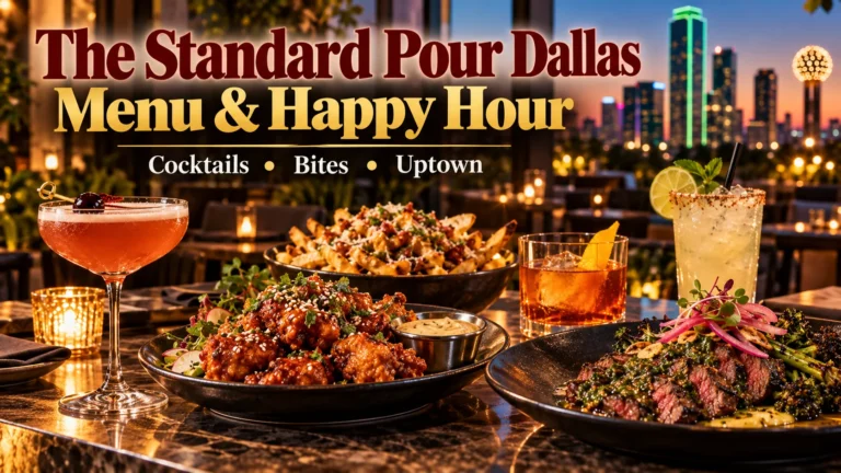 The Standard Pour Dallas menu and happy hour featured image with cocktails, bar bites and the Dallas skyline