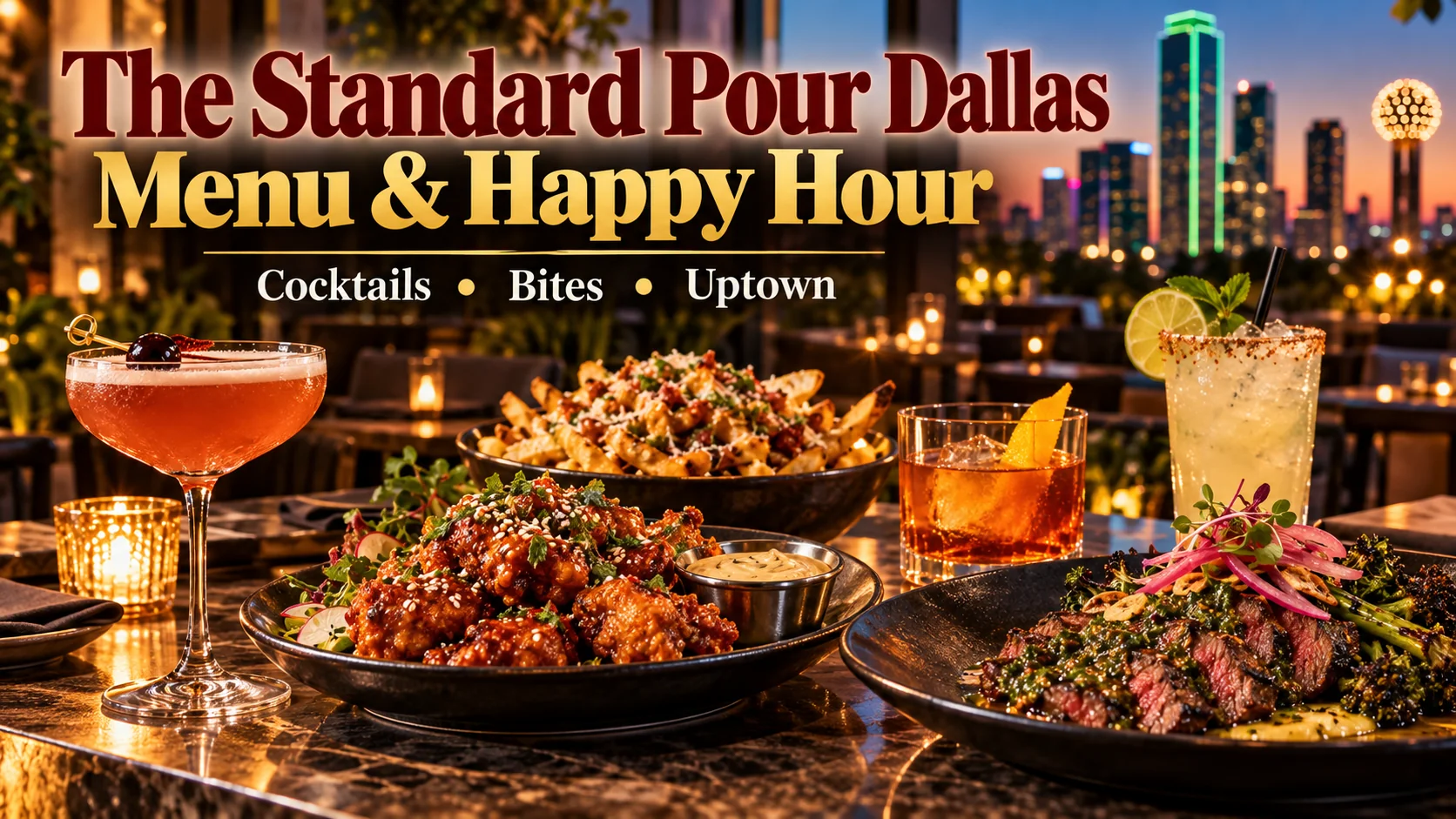 The Standard Pour Dallas menu and happy hour featured image with cocktails, bar bites and the Dallas skyline