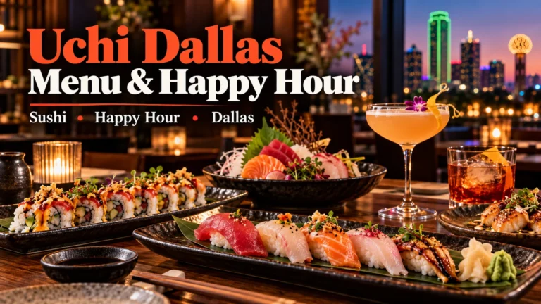 Uchi Dallas menu and happy hour featured image with sushi, sashimi, nigiri, cocktails and the Dallas skyline