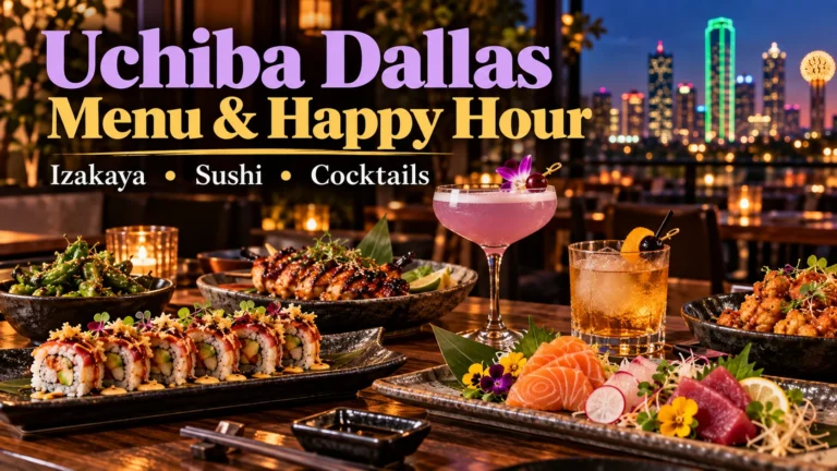 Uchiba Dallas menu and happy hour featured image with sushi, sashimi, izakaya dishes, cocktails and the Dallas skyline