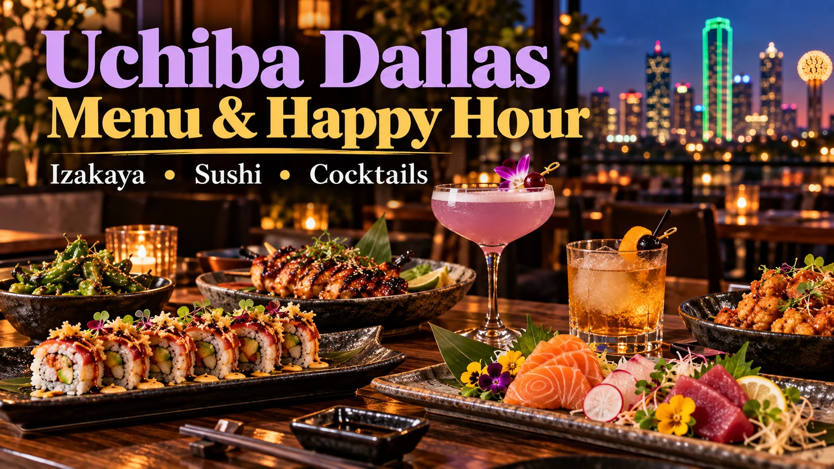 Uchiba Dallas menu and happy hour featured image with sushi, sashimi, izakaya dishes, cocktails and the Dallas skyline