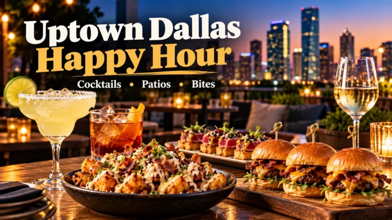 Uptown Dallas happy hour featured image with cocktails, wine, bites and the Dallas skyline at sunset