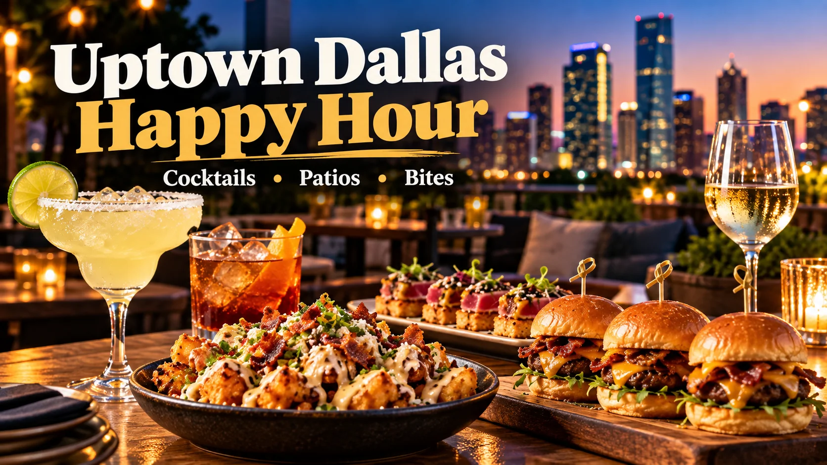 Uptown Dallas happy hour featured image with cocktails, wine, bites and the Dallas skyline at sunset