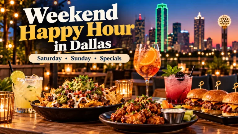 Weekend Happy Hour in Dallas featured image with cocktails, food specials and the Dallas skyline at sunset